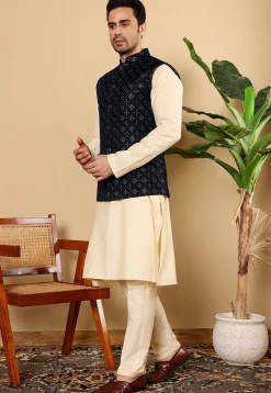 Woven Cotton Kurta Set in Light Beige and Navy Blue