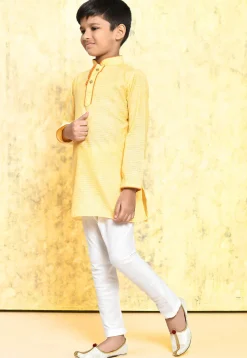 Woven Cotton Kurta Set in Yellow