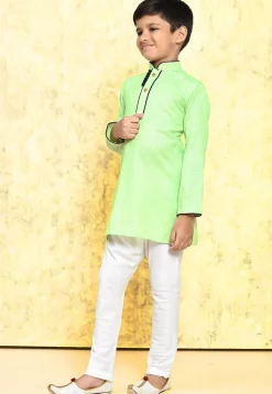 Woven Cotton Kurta Set in Light Green