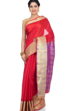 Woven Cotton Linen Saree in Red