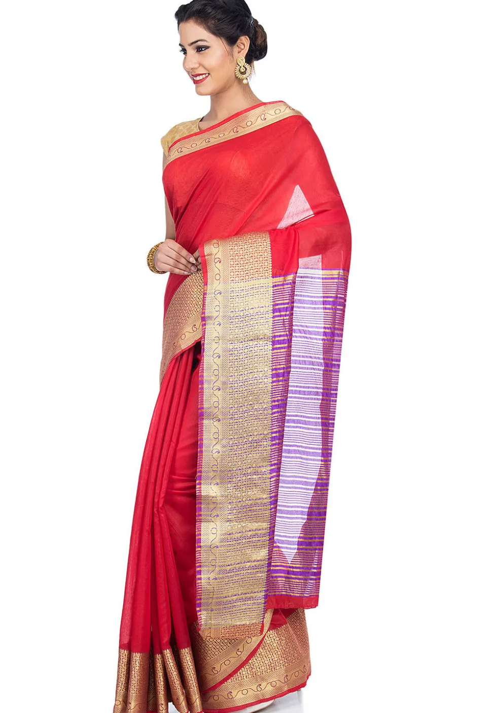 Woven Cotton Linen Saree in Red