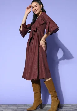Woven Cotton Lurex Jacquard Fit N Flare Dress in Maroon