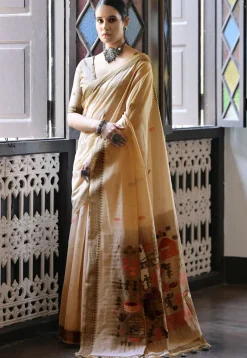 Woven Cotton Saree in Beige