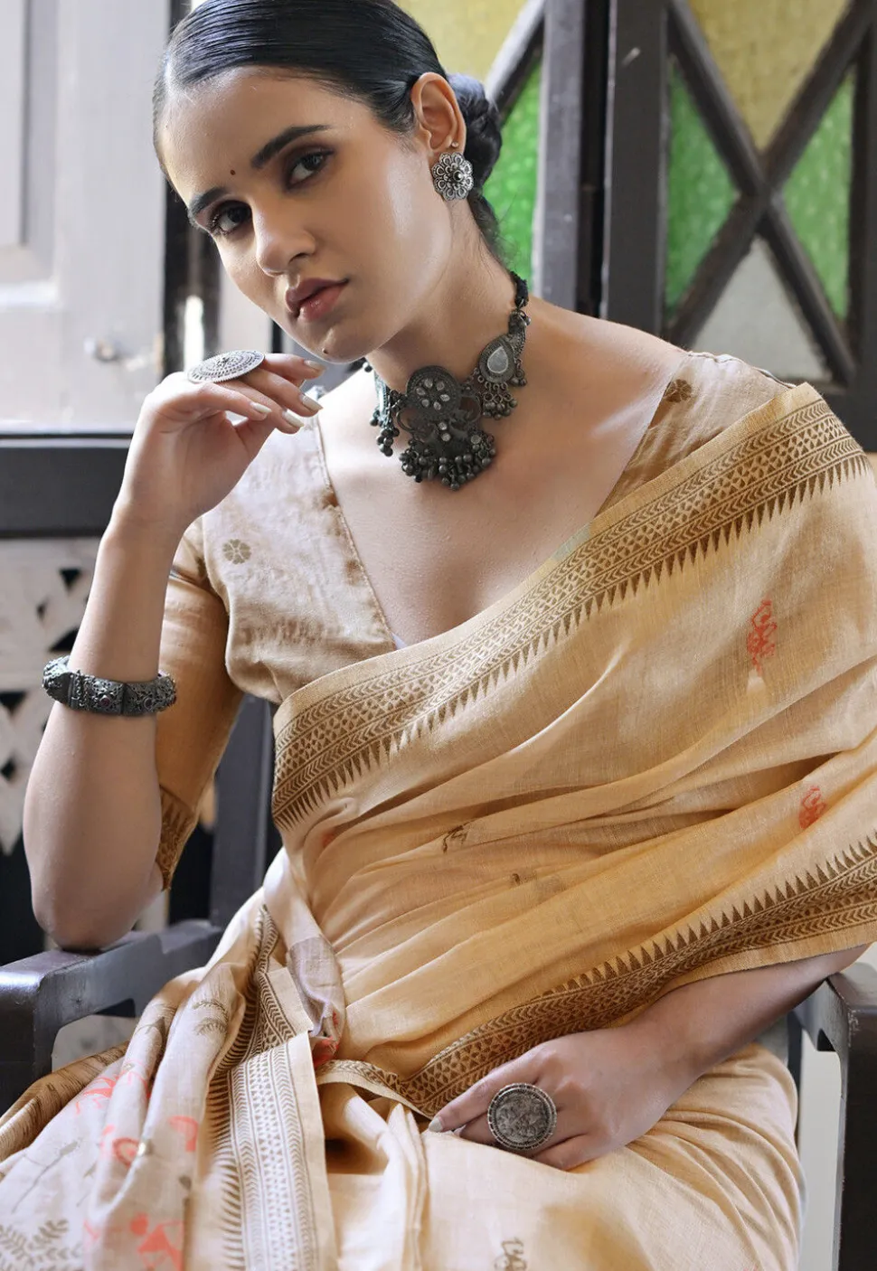 Woven Cotton Saree in Beige