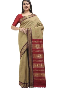 Woven Cotton Saree in Dark Beige