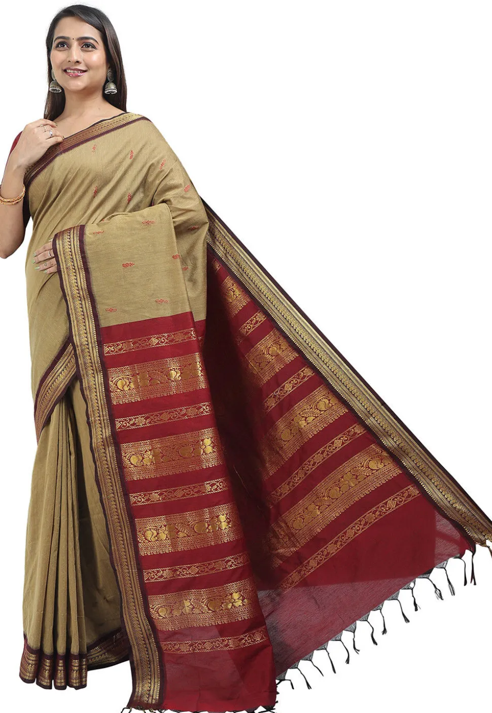 Woven Cotton Saree in Dark Beige