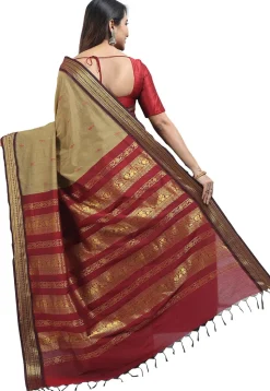 Woven Cotton Saree in Dark Beige