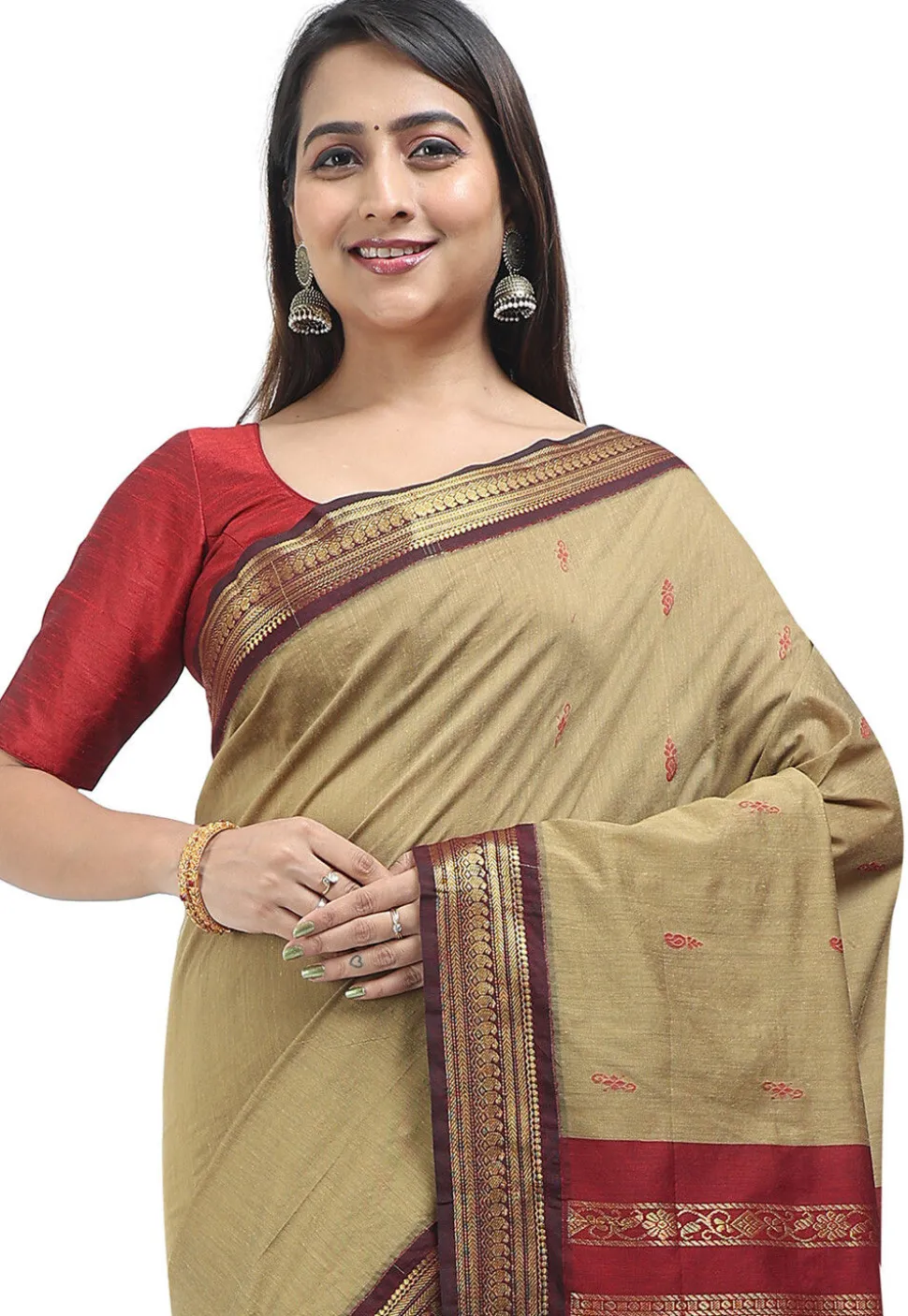 Woven Cotton Saree in Dark Beige