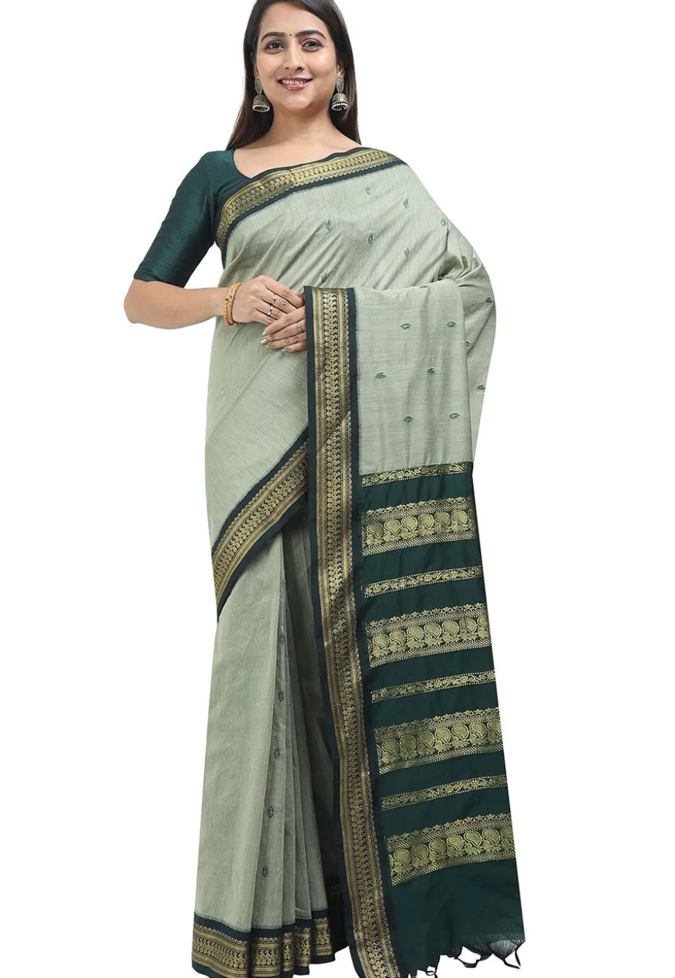 Woven Cotton Saree in Dusty Green