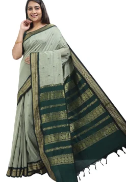 Woven Cotton Saree in Dusty Green
