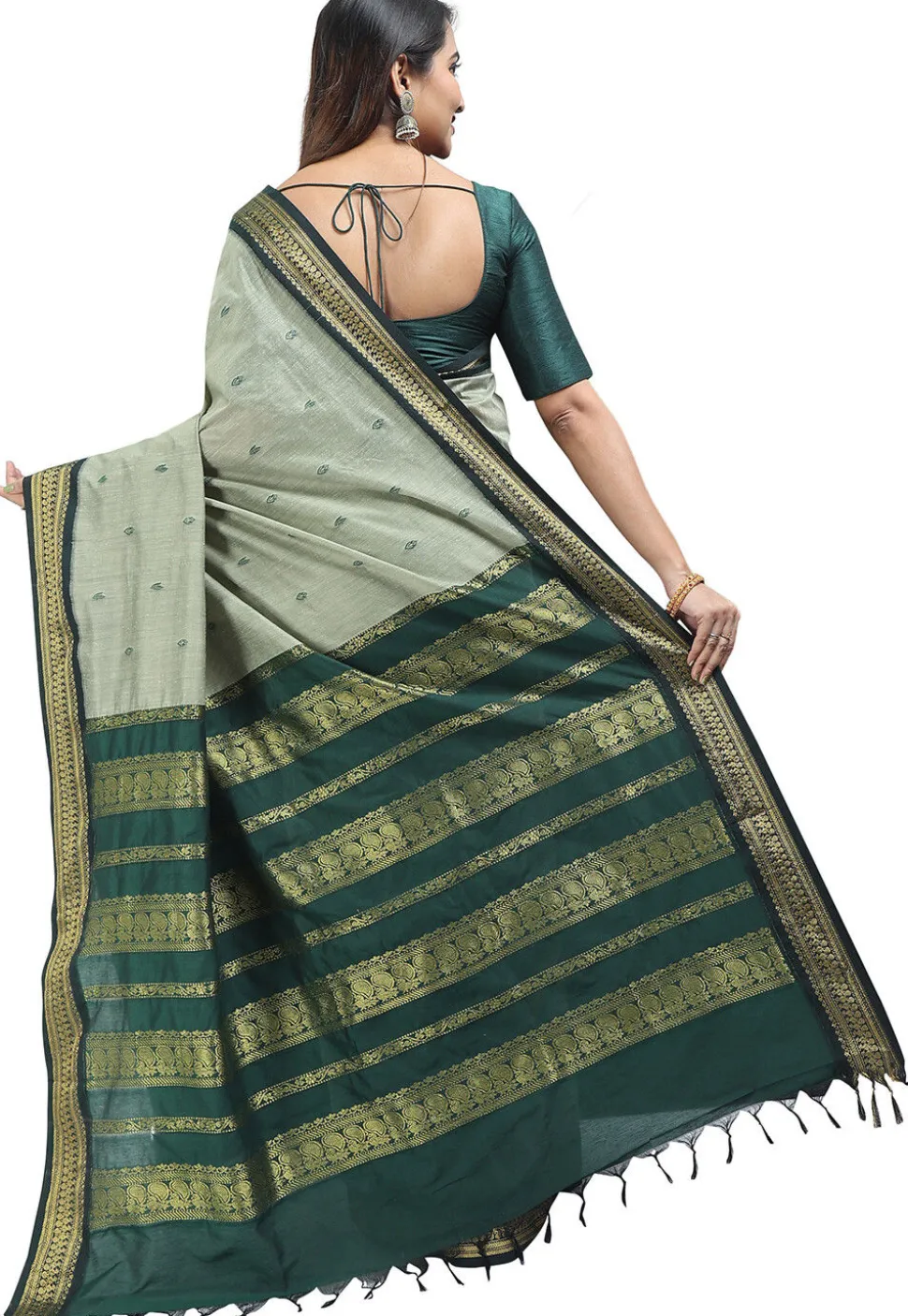 Woven Cotton Saree in Dusty Green