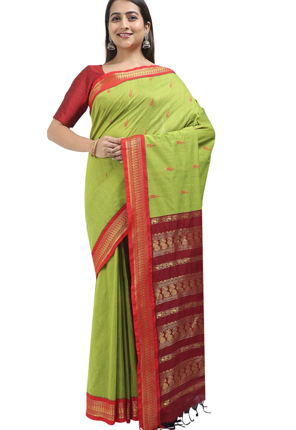 Woven Cotton Saree in Light Green