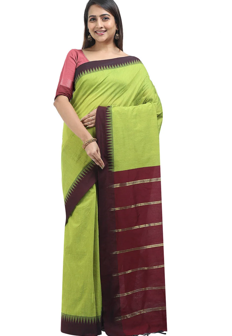 Woven Cotton Saree in Light Green