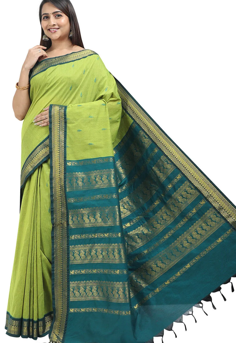 Woven Cotton Saree in Light Green