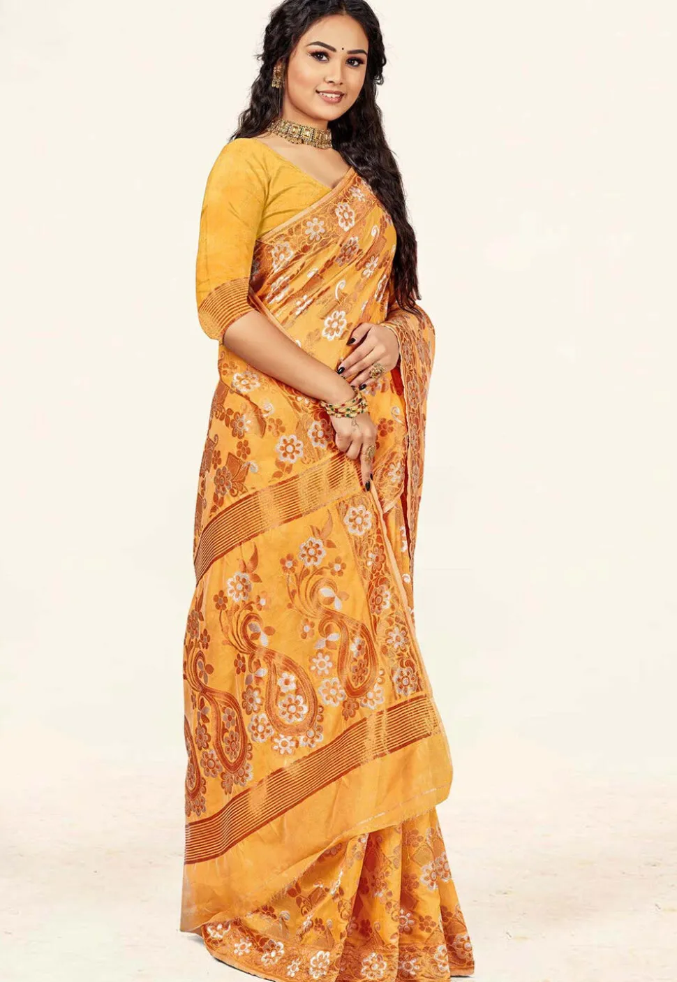 Woven Cotton Saree in Mustard