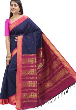 Woven Cotton Saree in Navy Blue