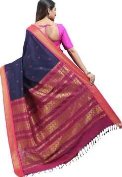 Woven Cotton Saree in Navy Blue