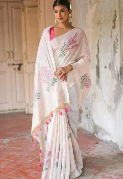Woven Cotton Saree in Off White