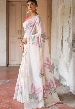 Woven Cotton Saree in Off White