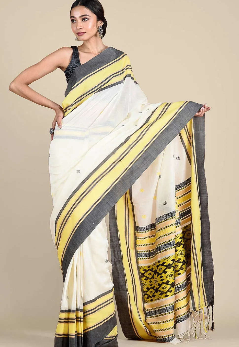 Woven Cotton Saree in Off White