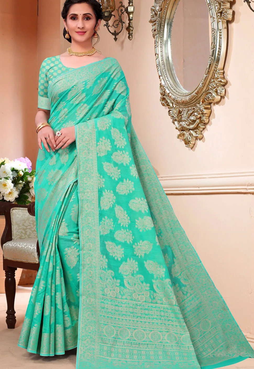 Woven Cotton Saree in Teal Green