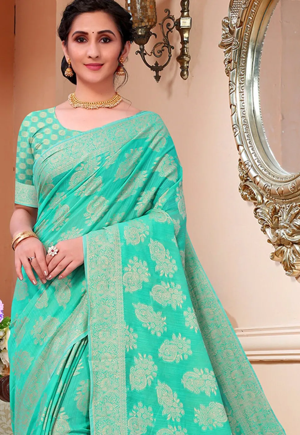 Woven Cotton Saree in Teal Green