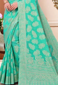 Woven Cotton Saree in Teal Green