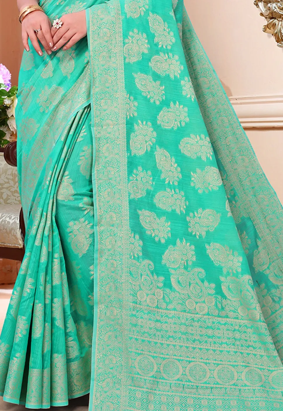 Woven Cotton Saree in Teal Green
