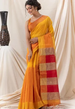 Woven Cotton Saree in Yellow and Orange