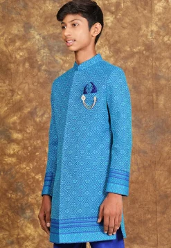 Woven Cotton Sherwani in Royal Blue