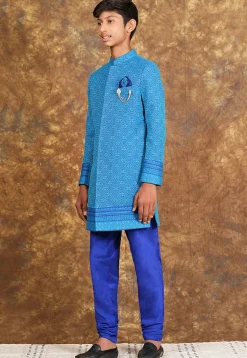 Woven Cotton Sherwani in Royal Blue