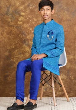 Woven Cotton Sherwani in Royal Blue