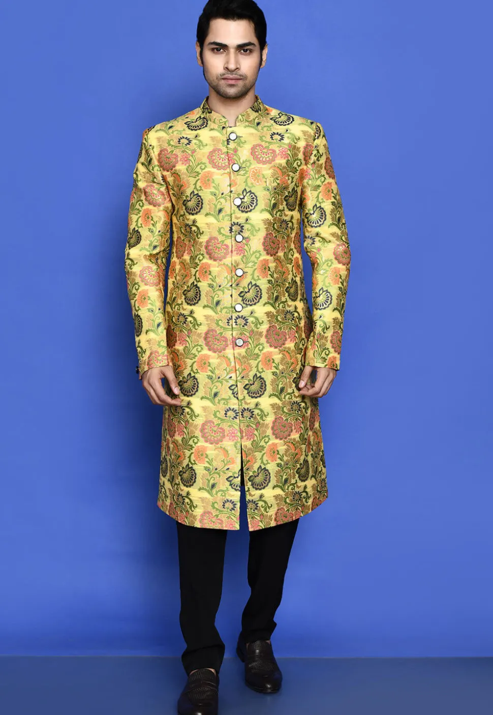 Woven Cotton Sherwani in Light Yellow