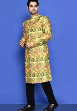 Woven Cotton Sherwani in Light Yellow
