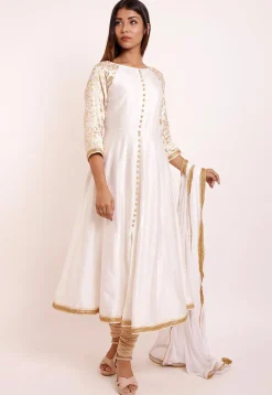 Woven Cotton Silk Anarkali Suit in Off White