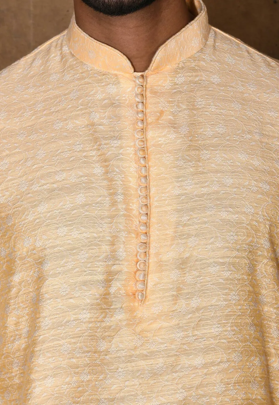 Woven Cotton Silk Jacquard Kurta Set in Peach
