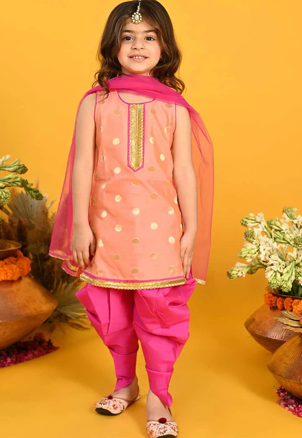 Woven Cotton Silk Jacquard Punjabi Suit in Peach