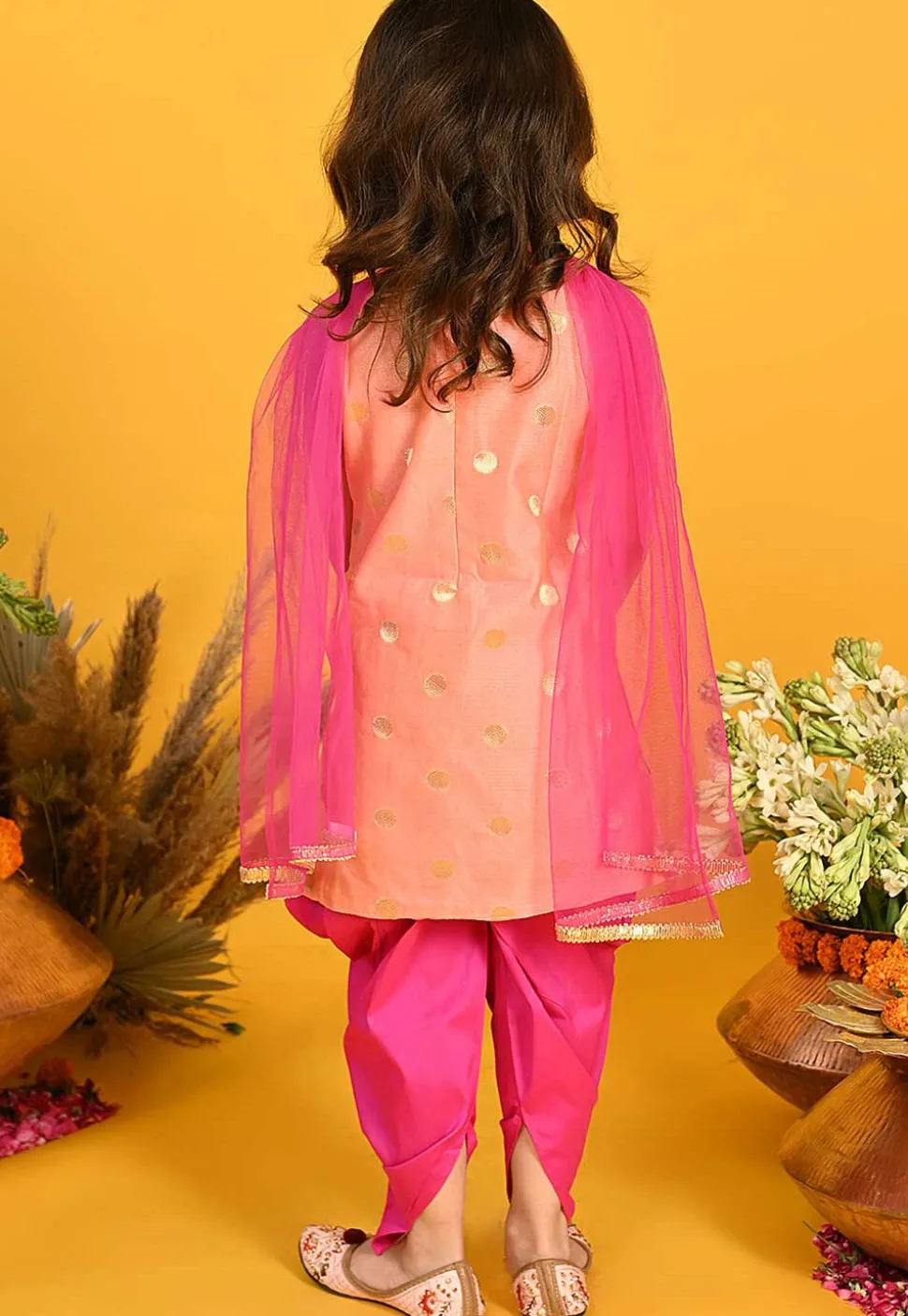 Woven Cotton Silk Jacquard Punjabi Suit in Peach