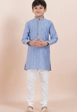 Woven Cotton Silk Jacquard Kurta Set in Light Blue