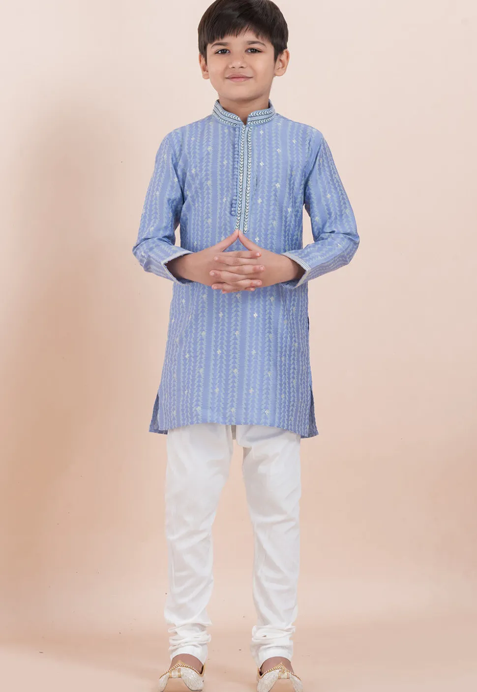 Woven Cotton Silk Jacquard Kurta Set in Light Blue