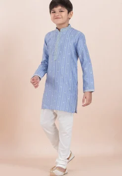 Woven Cotton Silk Jacquard Kurta Set in Light Blue