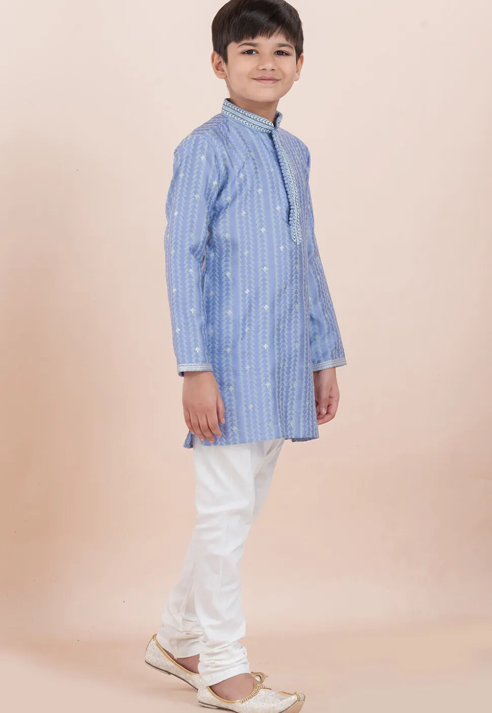 Woven Cotton Silk Jacquard Kurta Set in Light Blue
