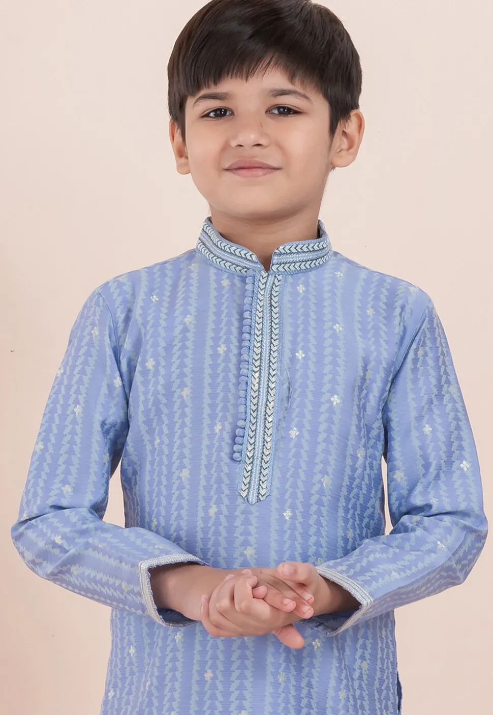 Woven Cotton Silk Jacquard Kurta Set in Light Blue