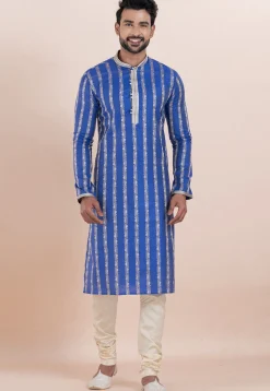 Woven Cotton Silk Jacquard Kurta Set in Royal Blue