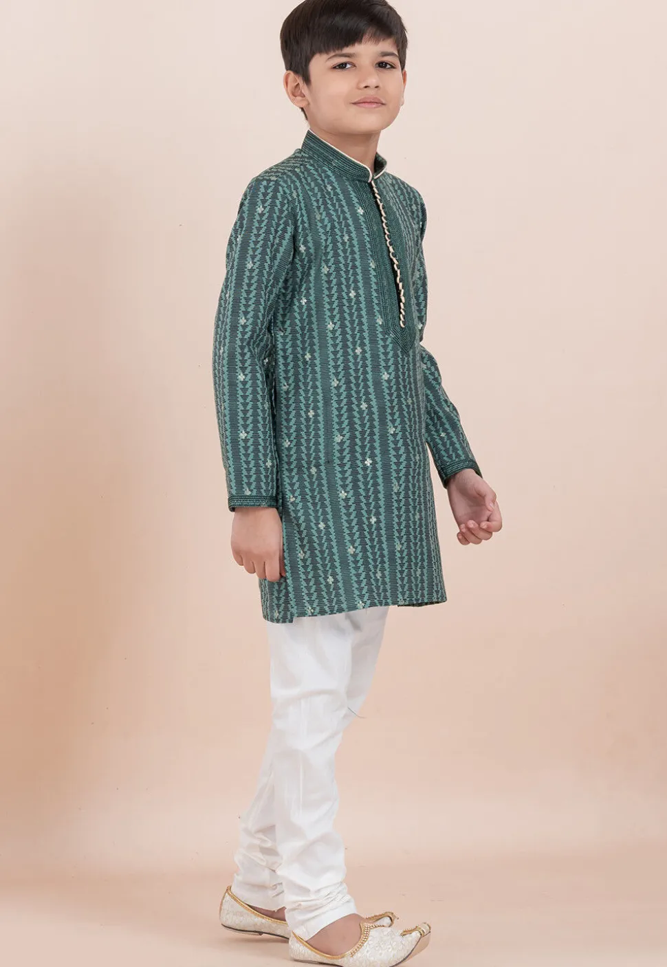 Woven Cotton Silk Jacquard Kurta Set in Green