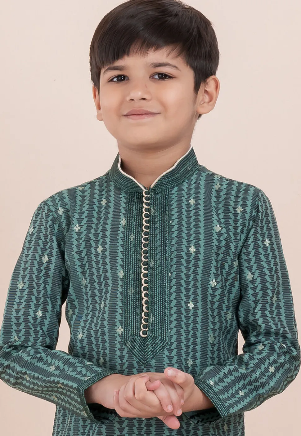 Woven Cotton Silk Jacquard Kurta Set in Green