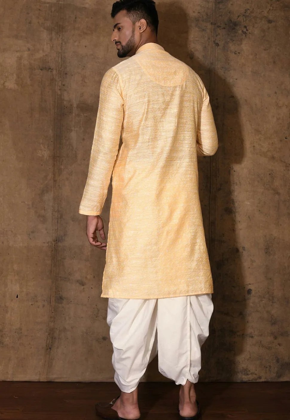 Woven Cotton Silk Jacquard Dhoti Kurta in Peach