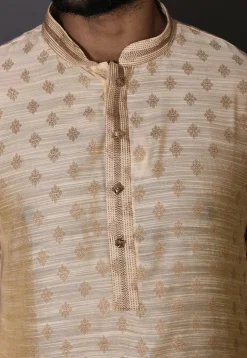 Woven Cotton Silk Jacquard Kurta Set in Beige