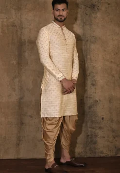 Woven Cotton Silk Jacquard Kurta Set in Beige