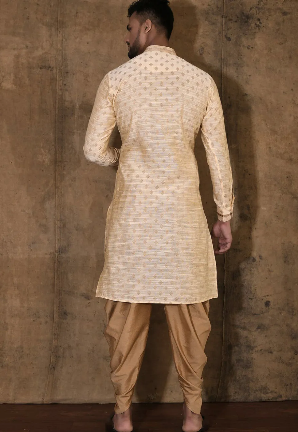 Woven Cotton Silk Jacquard Kurta Set in Beige